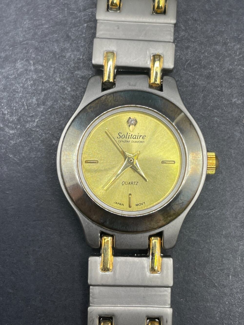 Solitaire Genuine Diamond Quartz Watch Two Tone Gold Silver Japan Movt 23MM